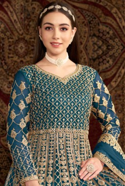 Blue Net Sequins Embroidered Wedding Gown Style Salwar Kameez