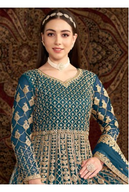 Blue Net Sequins Embroidered Wedding Gown Style Salwar Kameez