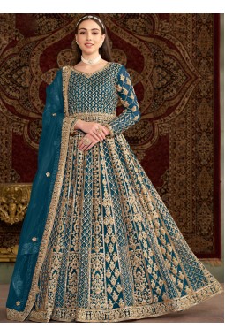 Blue Net Sequins Embroidered Wedding Gown Style Salwar Kameez