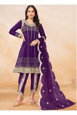 Purple Art Silk Sequins Embroidered Wedding Dhoti Style Salwar Kameez