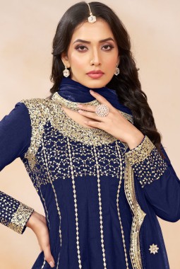 Navy Blue Art Silk Zari Embroidered Wedding Dhoti Style Salwar Kameez