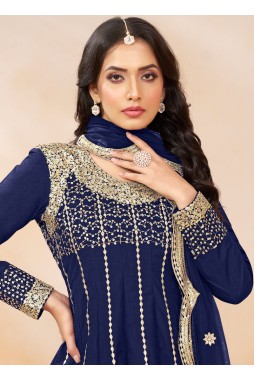 Navy Blue Art Silk Zari Embroidered Wedding Dhoti Style Salwar Kameez