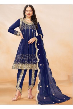 Navy Blue Art Silk Zari Embroidered Wedding Dhoti Style Salwar Kameez