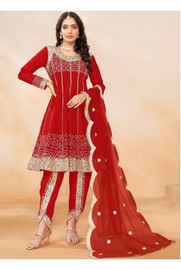 Red Art Silk Embroidered Wedding Dhoti Style Salwar Kameez