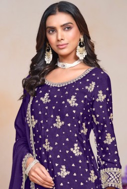 Purple Chinon Thread Embroidered Festive Wear Plazzo Set