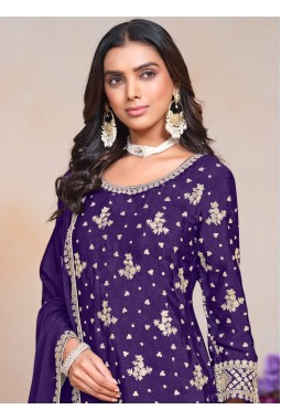 Purple Chinon Thread Embroidered Festive Wear Plazzo Set