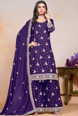 Purple Chinon Thread Embroidered Festive Wear Plazzo Set