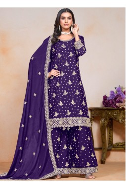 Purple Chinon Thread Embroidered Festive Wear Plazzo Set