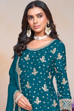 Blue Chinon Sequins Embroidered Festive Wear Plazzo Set