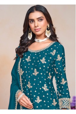 Blue Chinon Sequins Embroidered Festive Wear Plazzo Set