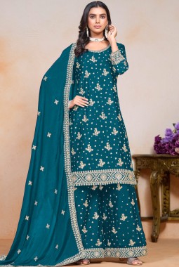 Blue Chinon Sequins Embroidered Festive Wear Plazzo Set