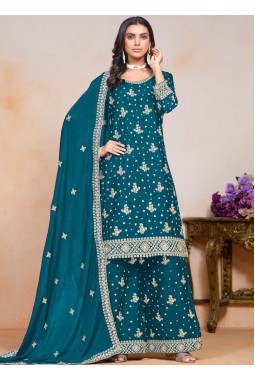 Blue Chinon Sequins Embroidered Festive Wear Plazzo Set