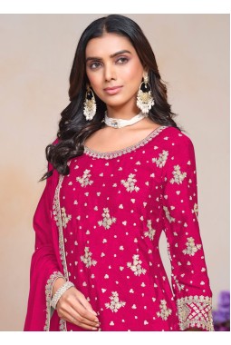 Red Chinon Thread Embroidered Festive Wear Plazzo Set