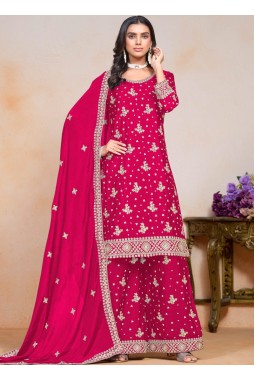 Red Chinon Thread Embroidered Festive Wear Plazzo Set