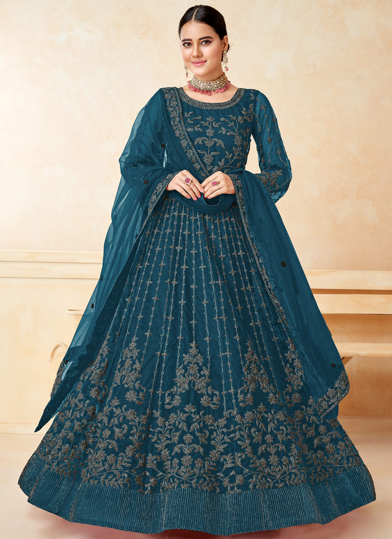 Blue Net Zari Embroidered Wedding Salwar Kameez