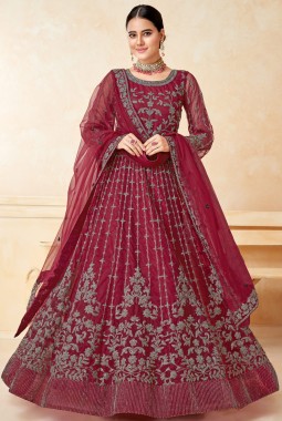 Maroon Net Zari Embroidered Wedding Salwar Kameez