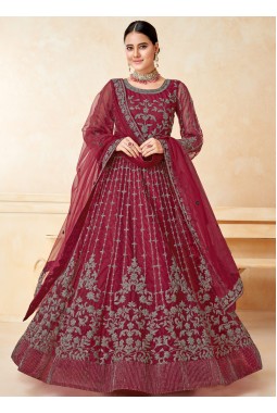 Maroon Net Zari Embroidered Wedding Salwar Kameez