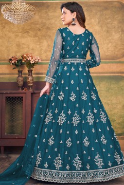 Teal Net Zari Embroidered Wedding Salwar Kameez