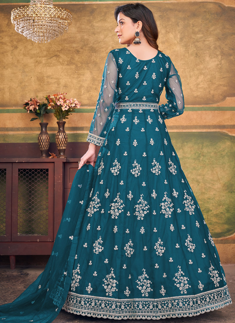 Teal Net Zari Embroidered Wedding Salwar Kameez