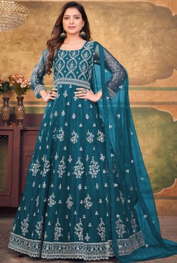 Teal Net Zari Embroidered Wedding Salwar Kameez