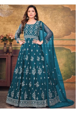 Teal Net Zari Embroidered Wedding Salwar Kameez