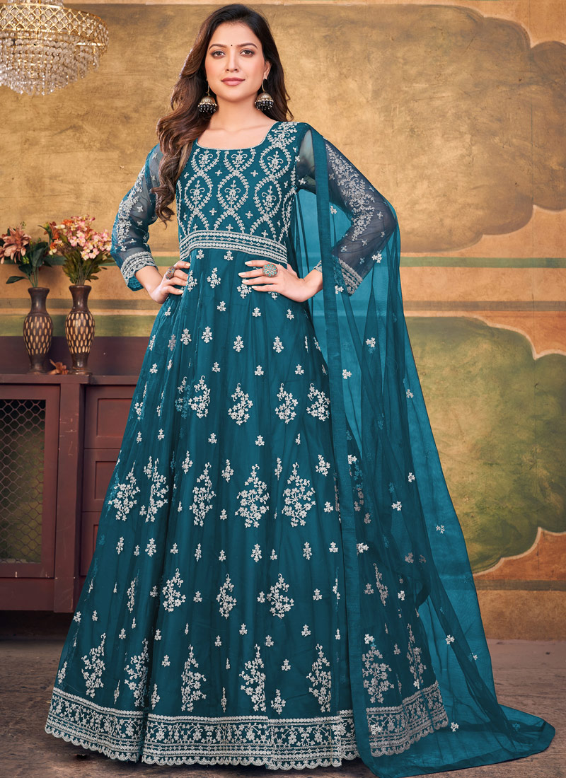 Teal Net Zari Embroidered Wedding Salwar Kameez