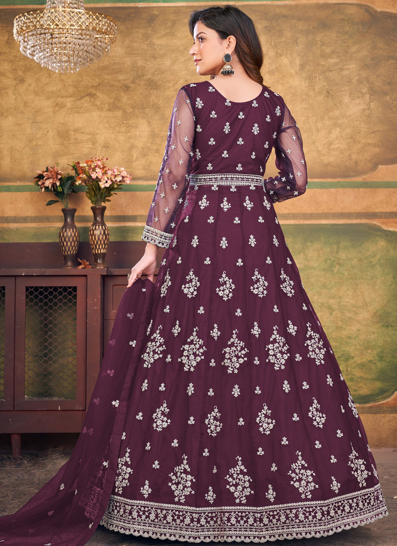 Wine Net Embroidered Wedding Salwar Kameez