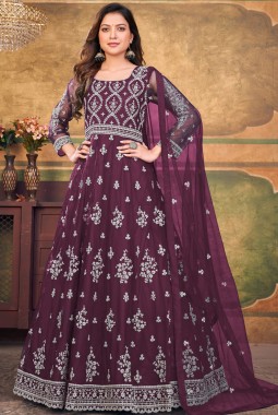 Wine Net Embroidered Wedding Salwar Kameez