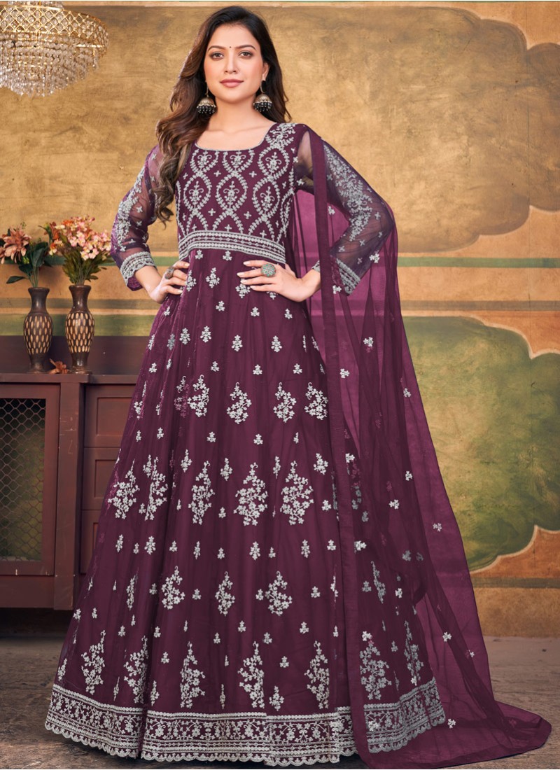 Wine Net Embroidered Wedding Salwar Kameez