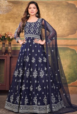 Navy Blue Net Zari Embroidered Wedding Salwar Kameez