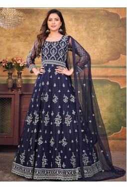 Navy Blue Net Zari Embroidered Wedding Salwar Kameez