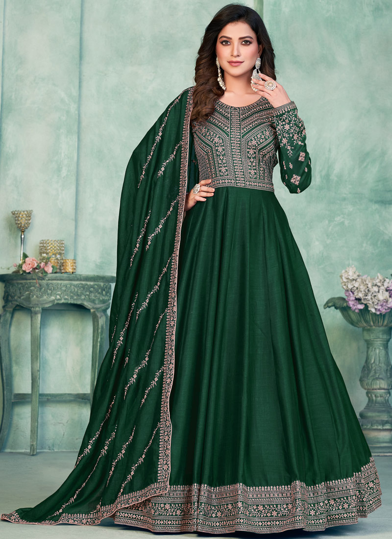 Green Art Silk Thread Embroidered Wedding Salwar Kameez