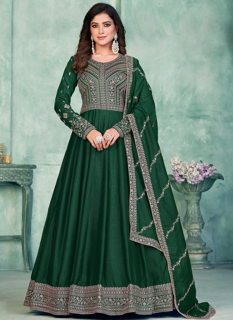 Green Art Silk Thread Embroidered Wedding Salwar Kameez