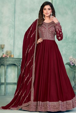 Maroon Art Silk Thread Embroidered Wedding Salwar Kameez