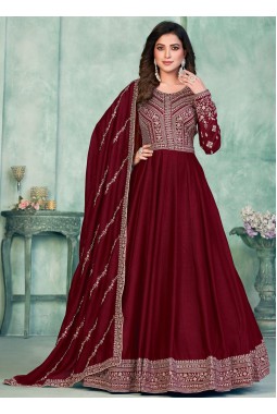 Maroon Art Silk Thread Embroidered Wedding Salwar Kameez