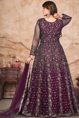 Wine Net Zari Embroidered Wedding Salwar Kameez