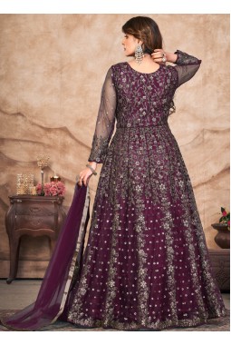 Wine Net Zari Embroidered Wedding Salwar Kameez