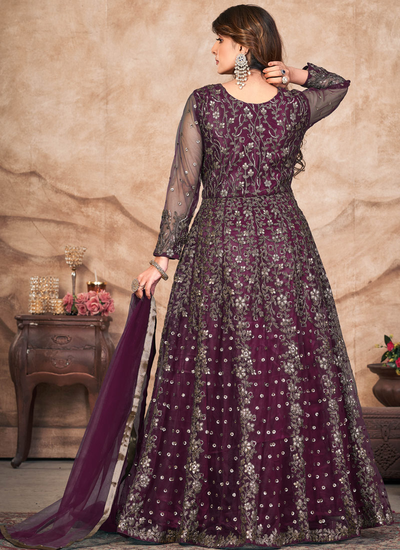 Wine Net Zari Embroidered Wedding Salwar Kameez