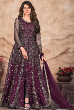 Wine Net Zari Embroidered Wedding Salwar Kameez