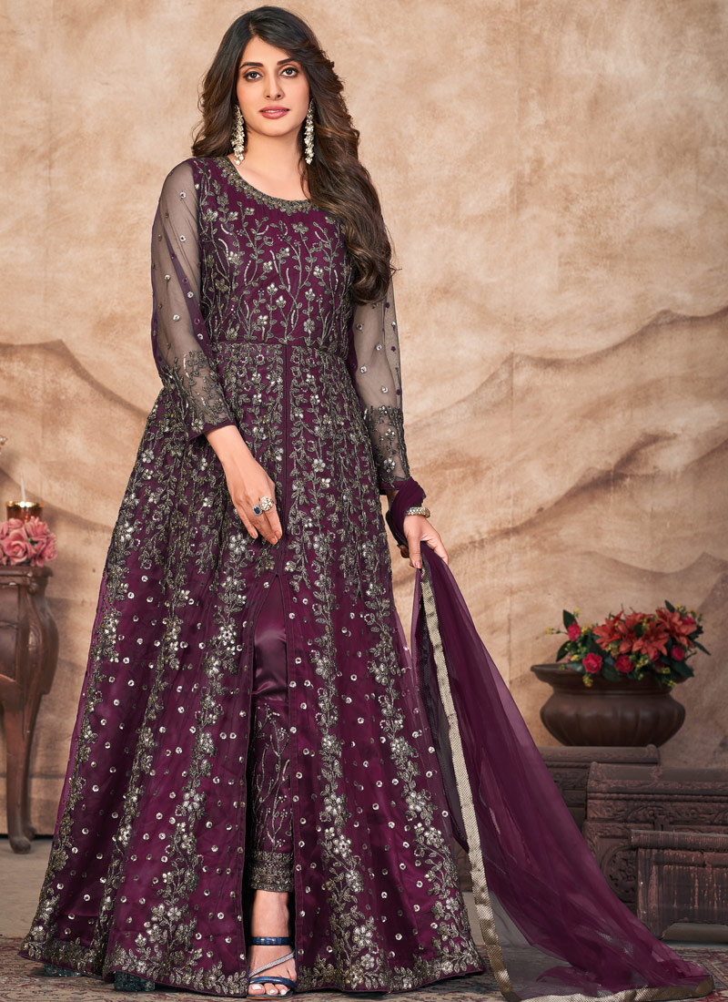 Wine Net Zari Embroidered Wedding Salwar Kameez