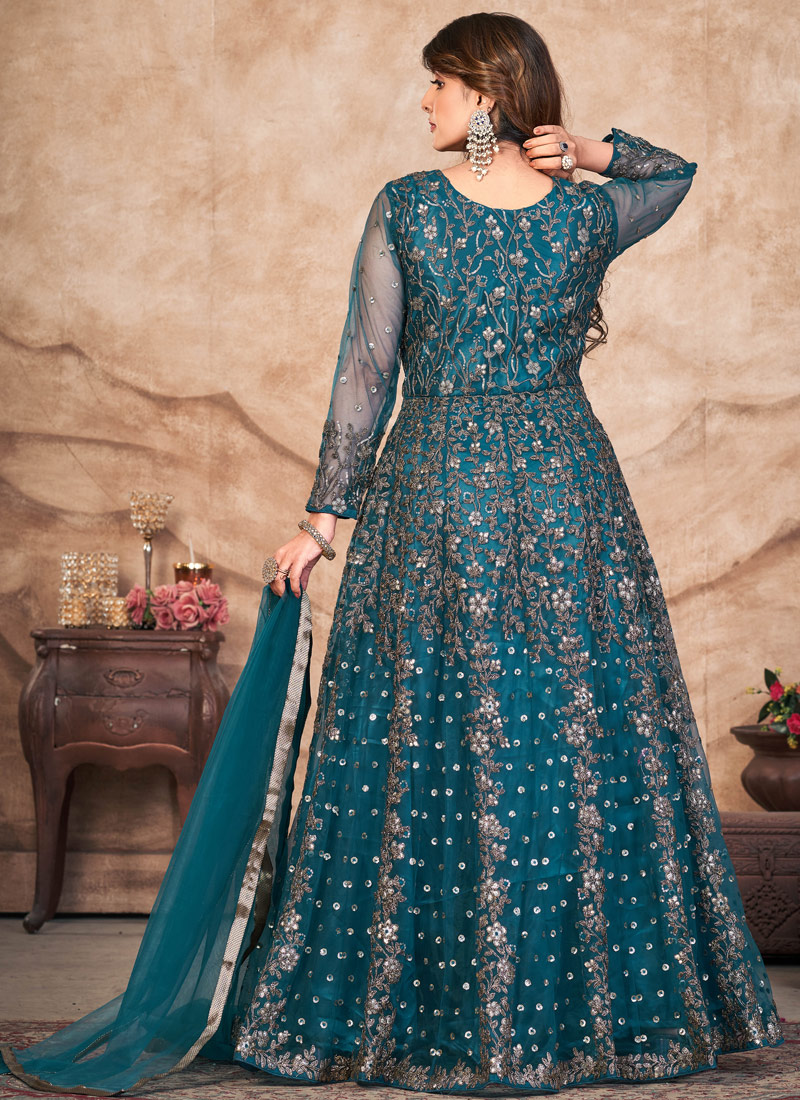 Blue Net Sequins Embroidered Wedding Salwar Kameez