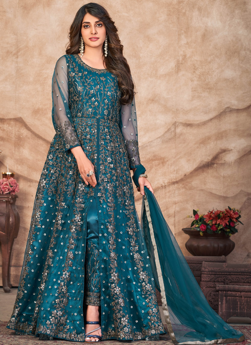 Blue Net Sequins Embroidered Wedding Salwar Kameez