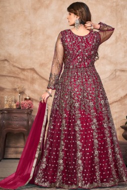 Maroon Net Sequins Embroidered Wedding Salwar Kameez