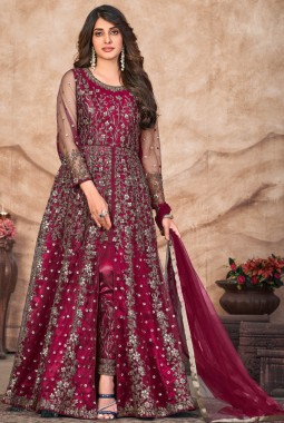 Maroon Net Sequins Embroidered Wedding Salwar Kameez