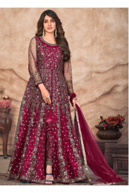 Maroon Net Sequins Embroidered Wedding Salwar Kameez