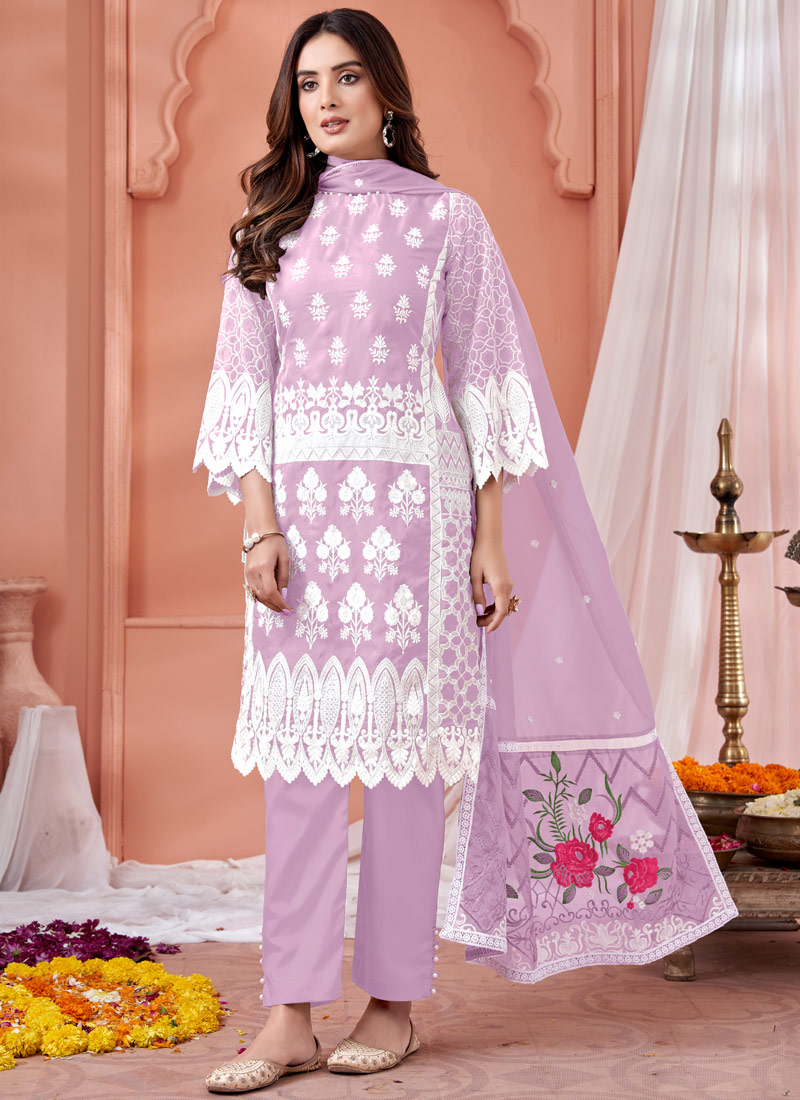 Pink Soft Organza Thread Embroidered Casual Salwar Kameez