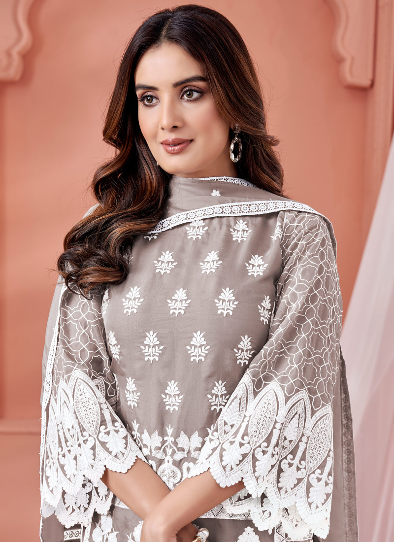 Grey Soft Organza Embroidered Casual Salwar Kameez