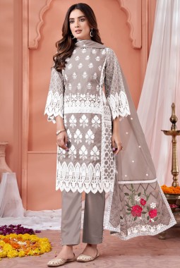 Grey Soft Organza Embroidered Casual Salwar Kameez