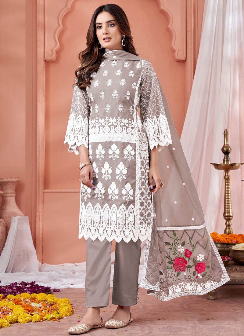 Grey Soft Organza Embroidered Casual Salwar Kameez