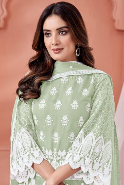 Pista Green Soft Organza Thread Embroidered Casual Salwar Kameez